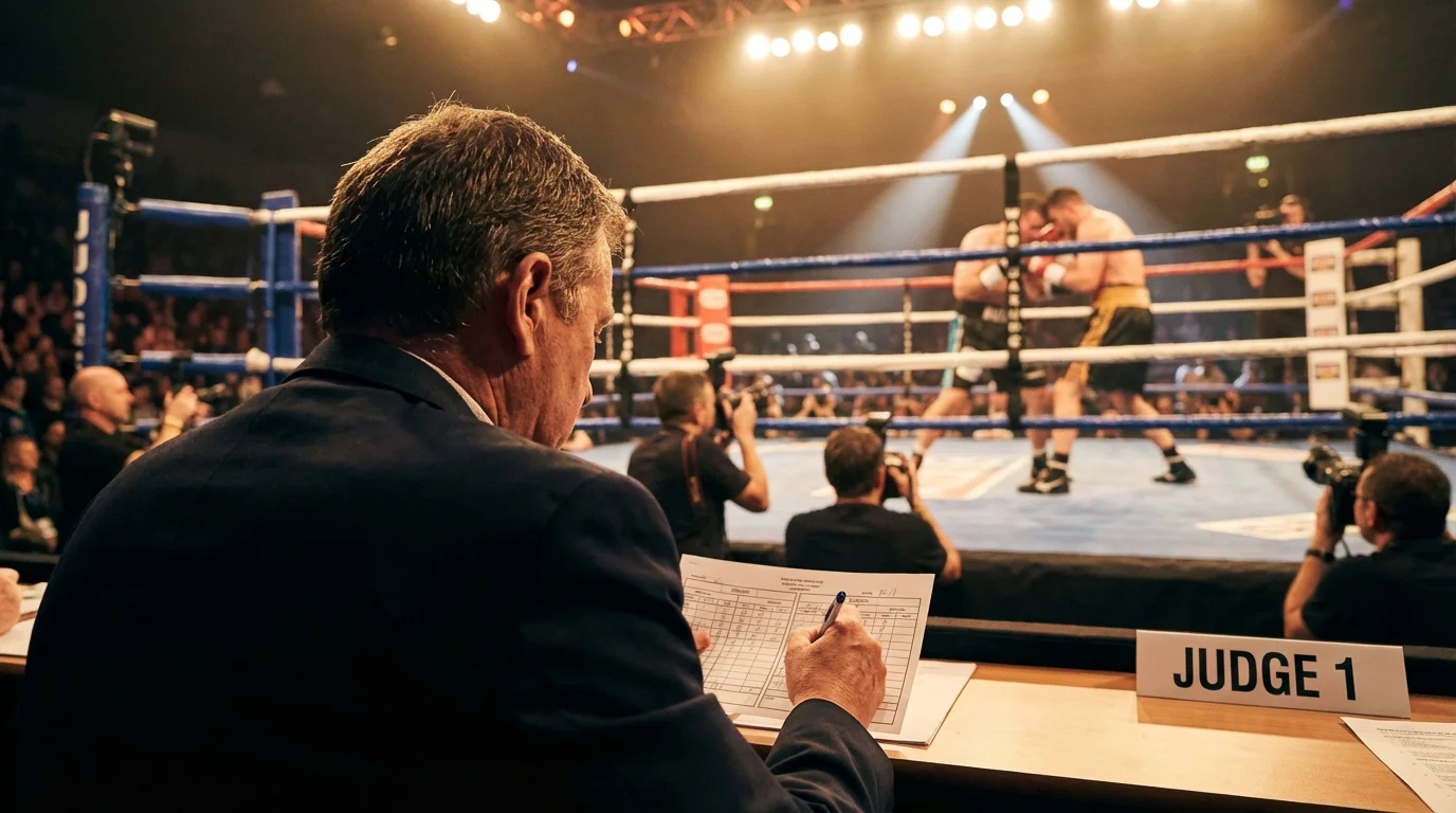 Boxen Punktesystem: Punktrichter am Ring bewertet eine Runde mit Scorecard