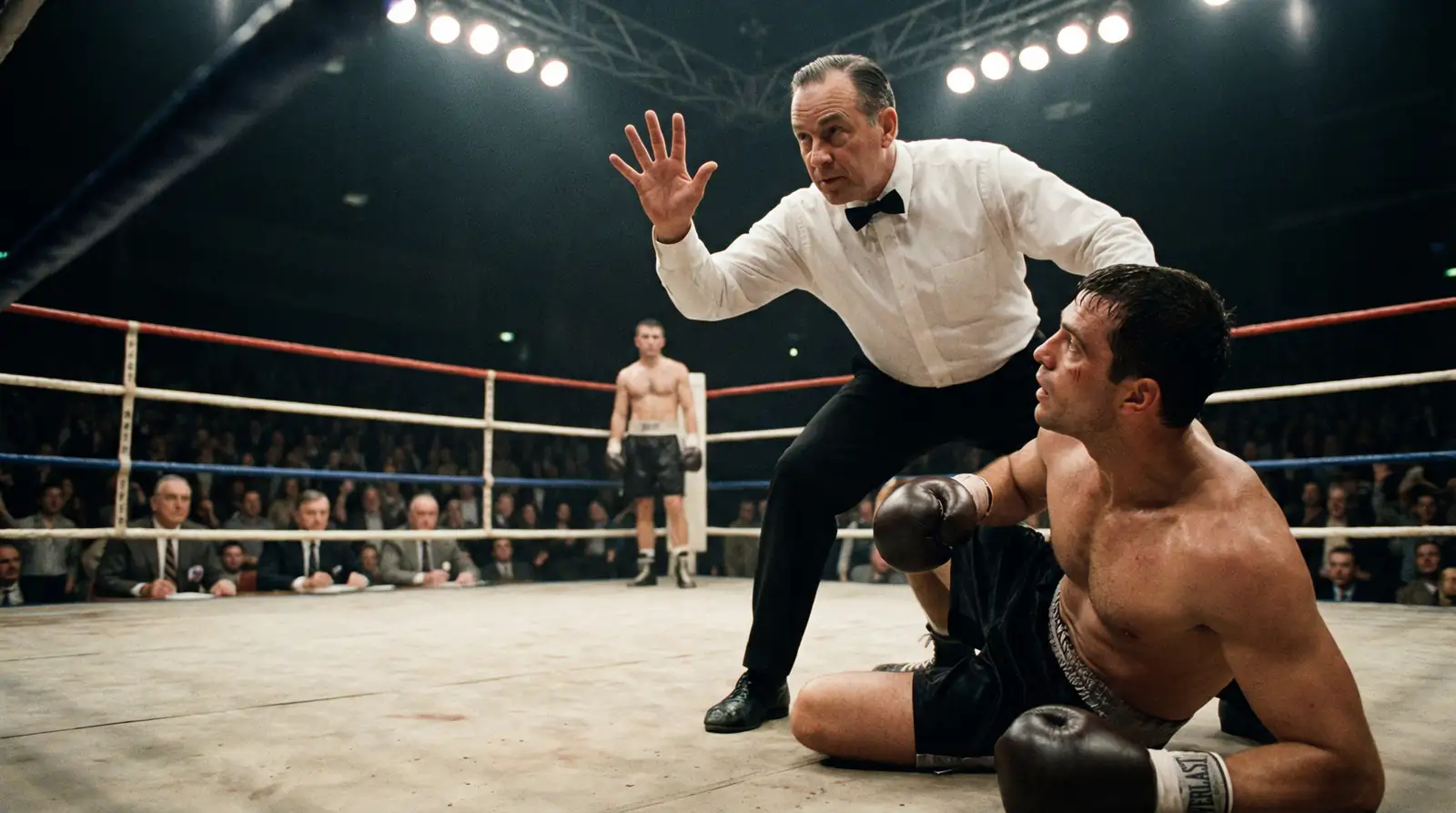 Boxen Regeln für Wetten: Ringrichter zählt Boxer an im Boxring