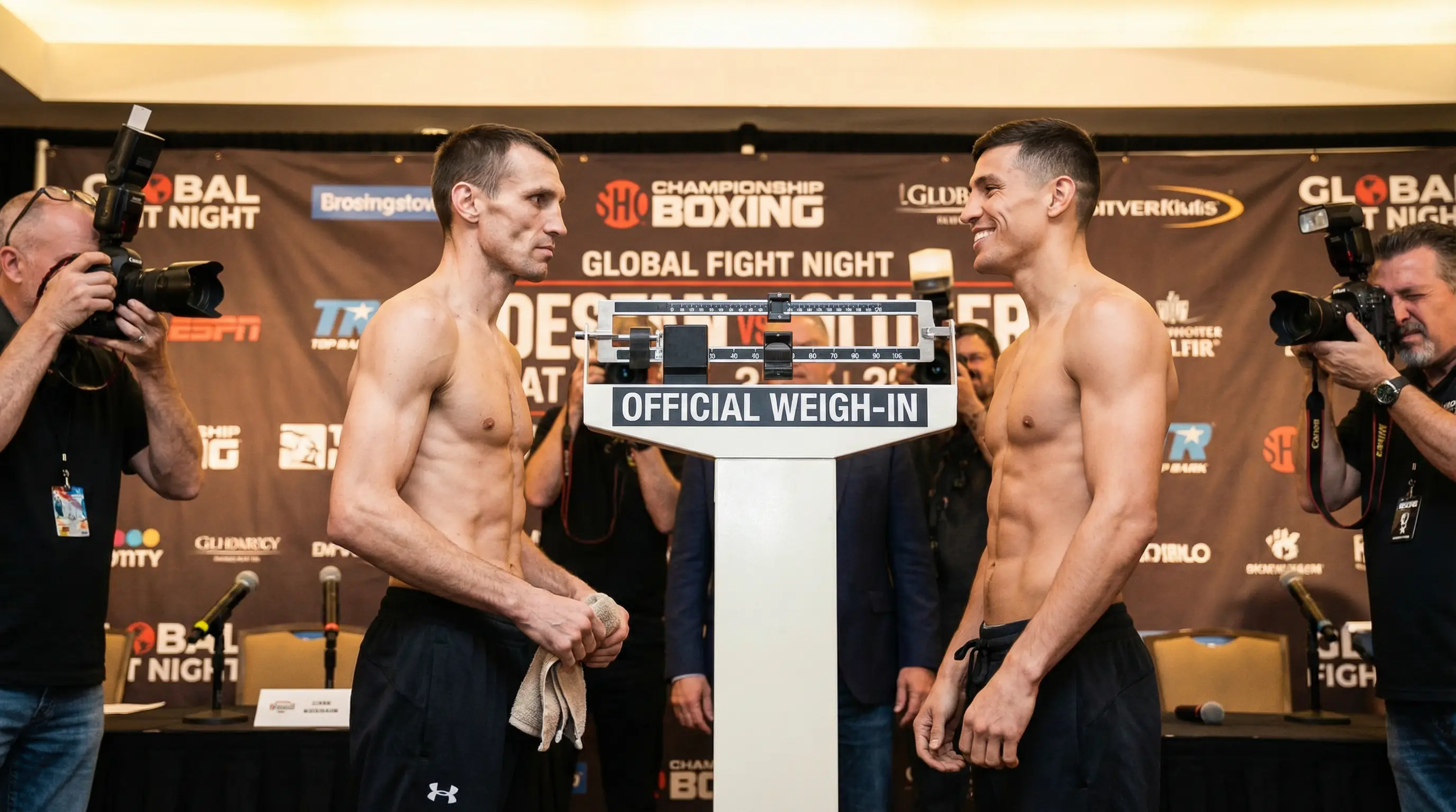 Boxen Wiegen und Vorberichte – Boxer beim offiziellen Wiegen vor dem Kampf