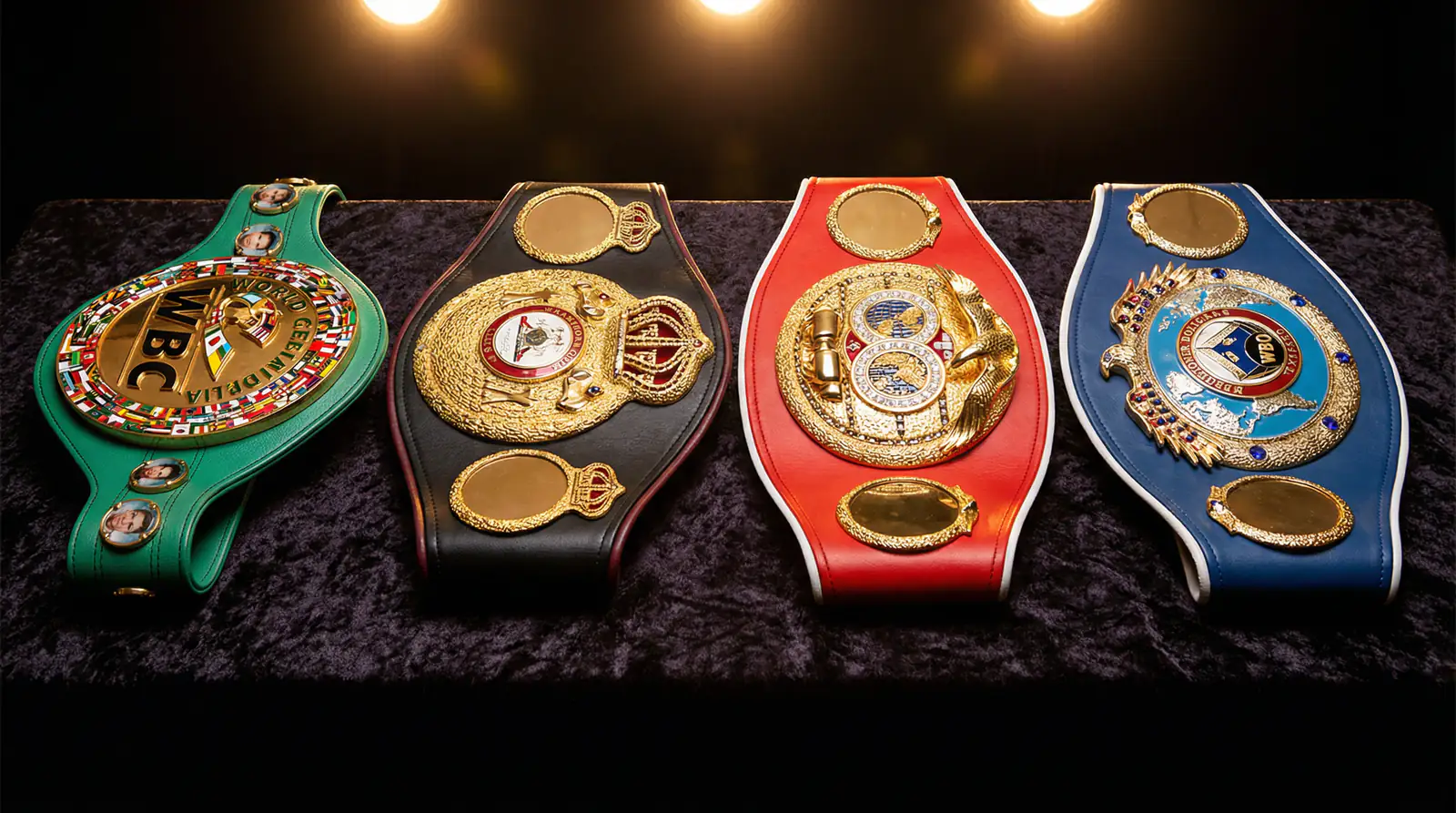 Boxverbände WBA, WBC, IBF und WBO: vier Weltmeistergürtel nebeneinander