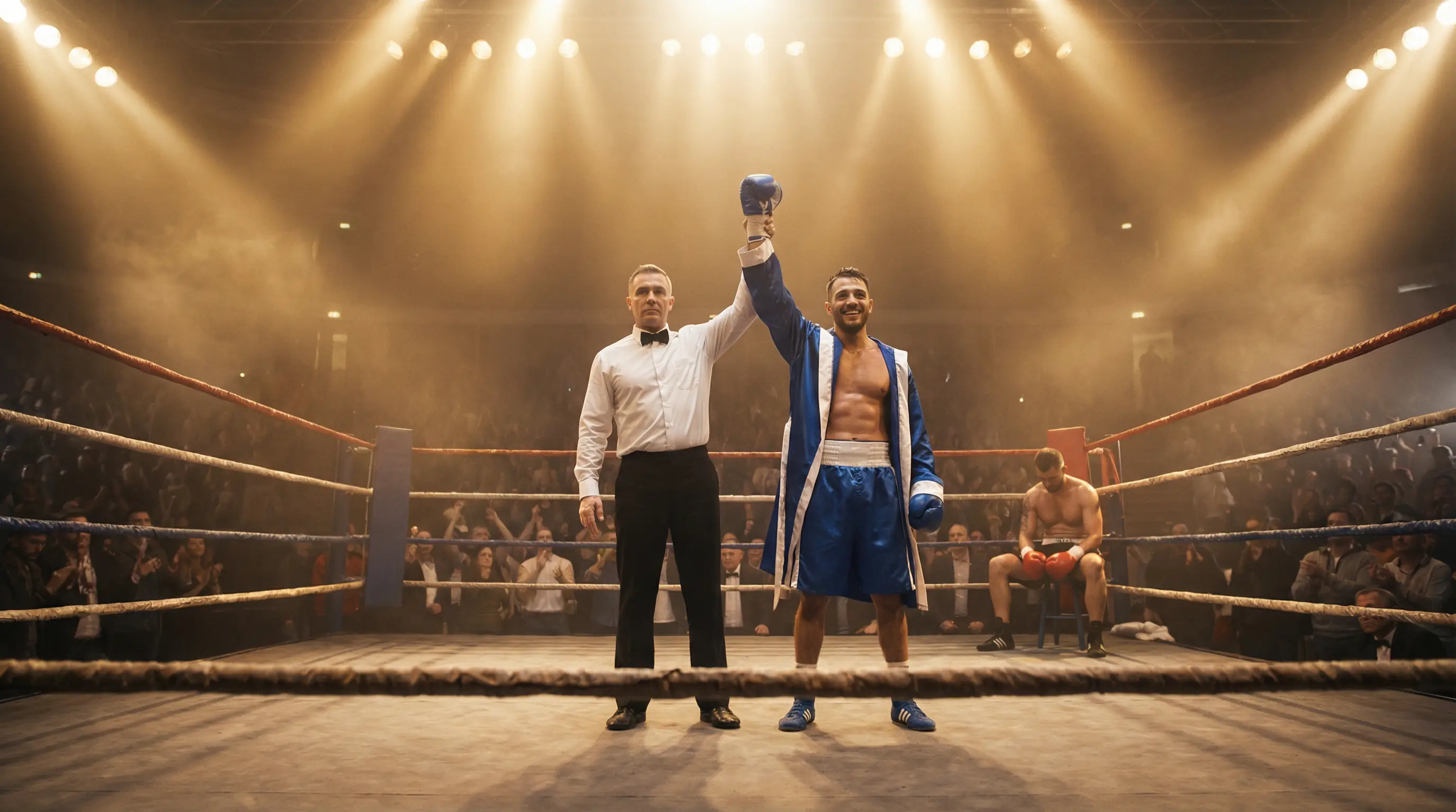 Ringrichter hebt die Hand des Siegers – Methode des Sieges Wette Boxen