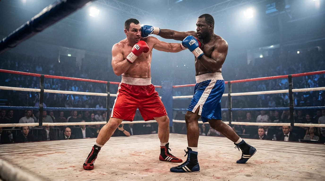 Schwergewicht Boxen Wetten: zwei Schwergewichtsboxer im Nahkampf unter Flutlicht